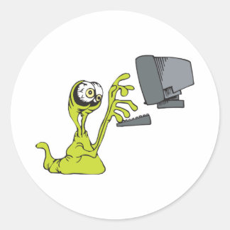 green computer typing alien monster blob classic round sticker