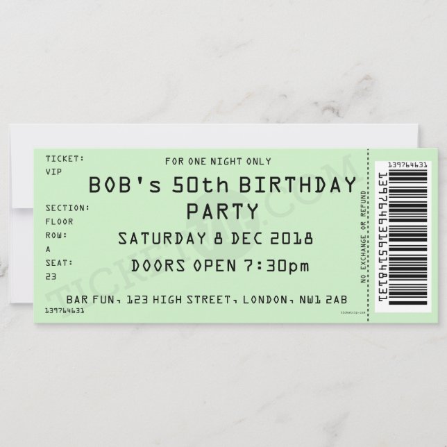 Green Concert Ticket Party Invitation (Front)