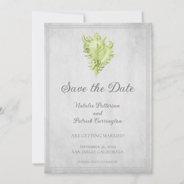 Green Conch Shell Save the Date Invite (Front)