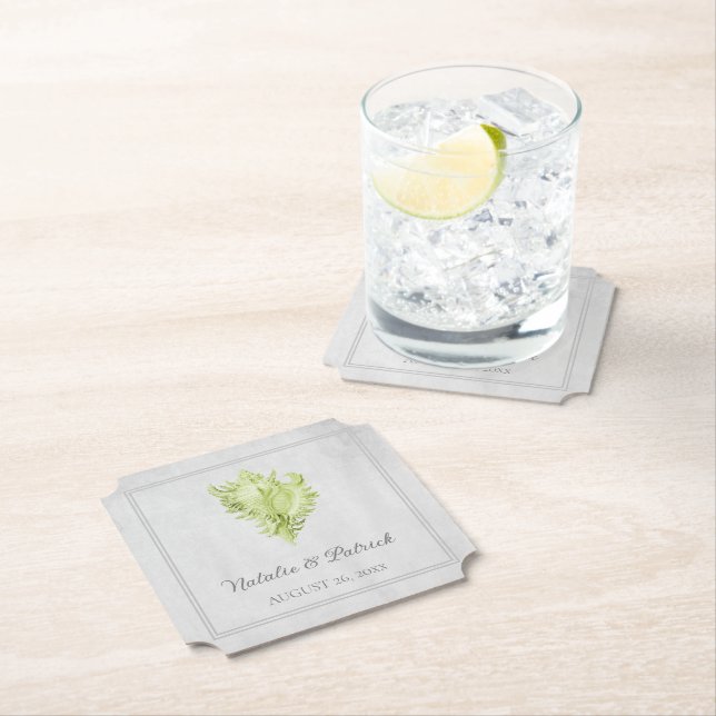 Green Conch Shell Wedding Paper Coasters (Insitu)