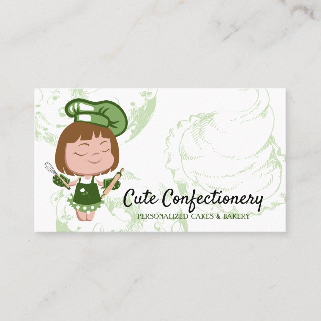 Green Confectionery Baker lady cute girl Business Card (Front)
