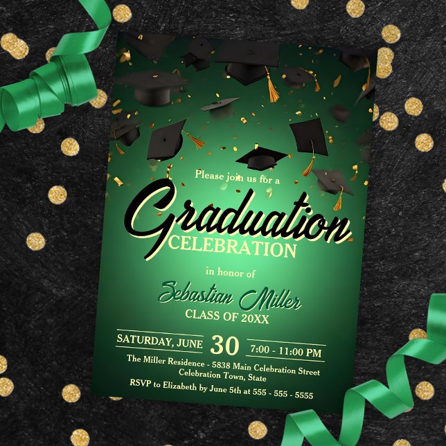 Green Confetti and Caps Graduation Celebration  Invitation (Creator Uploaded)