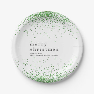 Green Confetti Glitter Name Merry Christmas Paper Plate