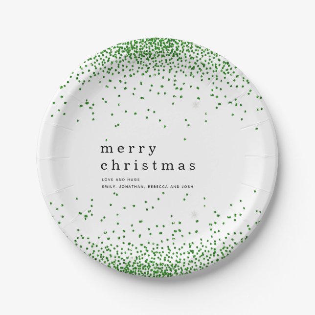 Green Confetti Glitter Name Merry Christmas Paper Plate (Front)