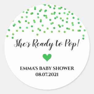 Green Confetti Heart She's Ready to Pop Classic Round Sticker