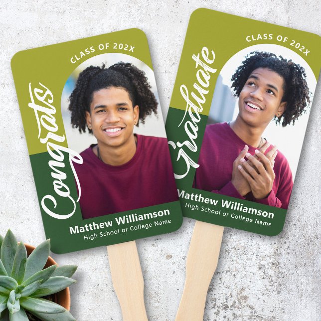 Green Congrats Grad 2 Photo Arch Bold Script Retro Hand Fan (Creator Uploaded)
