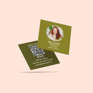Green Connect with Me Photo QR Code Square Business Card
