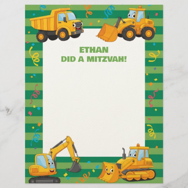 Green Construction Trucks Customised Mitzvah Notes Custom Letterhead (Front)