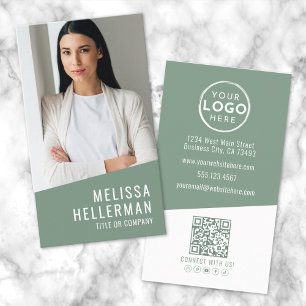 Green Contemporary Photo QR Code Logo Vertical Business Card