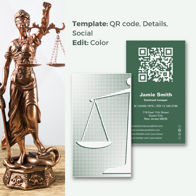 Green Contract Lawyer Business Card (Green Contract Lawyer Business Card, Balance Symbol Halftone Design, QR code, Social Icons)