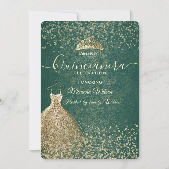 Green cool Gold sequins dress tiara Quinceañera  Invitation (Front)