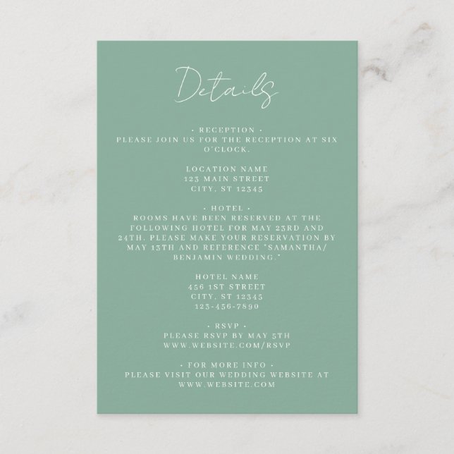 Green Coordinate Wedding Details Enclosure Card (Front)