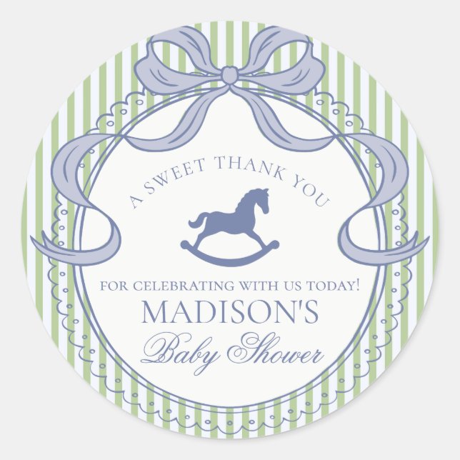 Green Coquette Bow Rocking Horse Baby Shower Favor Classic Round Sticker (Front)