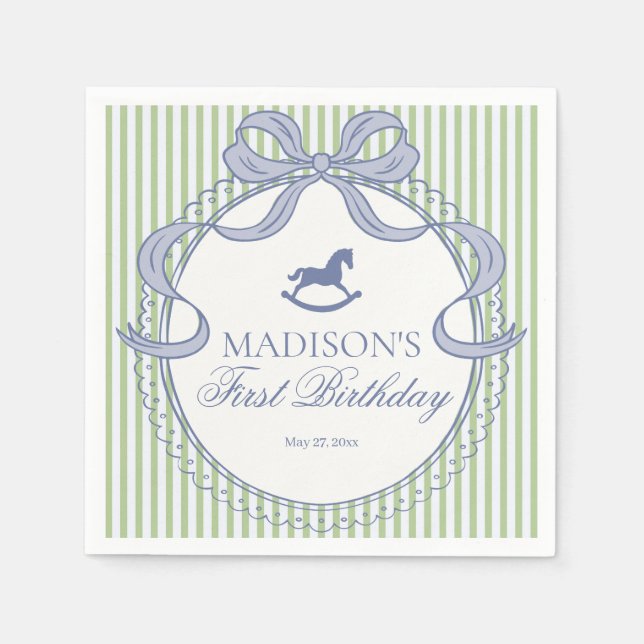 Green Coquette Bow Rocking Horse Birthday Dessert Napkin (Front)