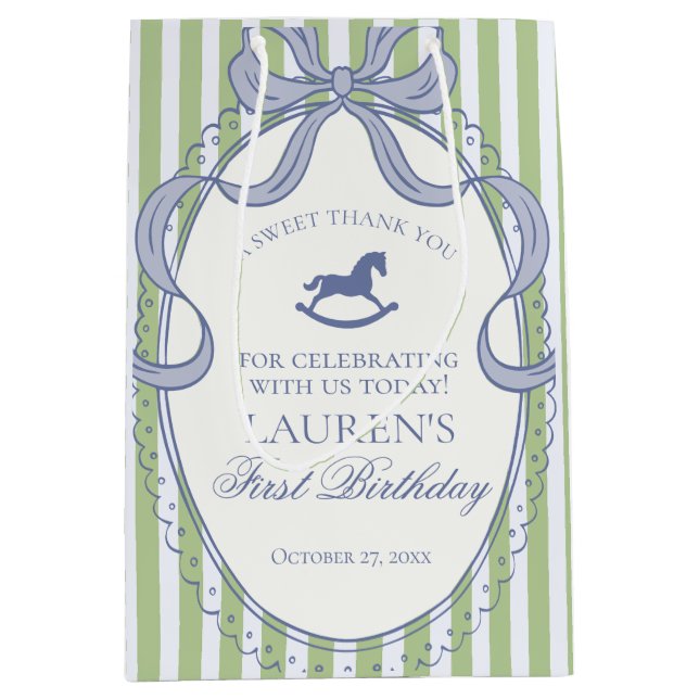 Green Coquette Bow Rocking Horse Birthday Favors Medium Gift Bag (Front)