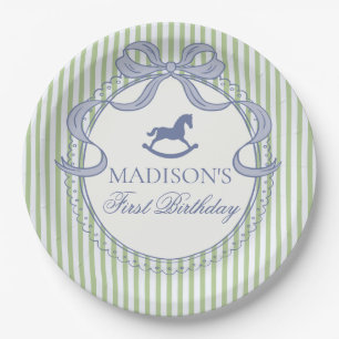 Green Coquette Bow Rocking Horse Birthday Paper Plate
