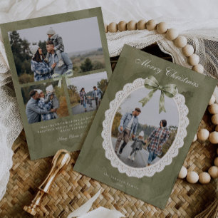 Green Coquette Bow Scalloped Lace Frame 4 Photos Holiday Card
