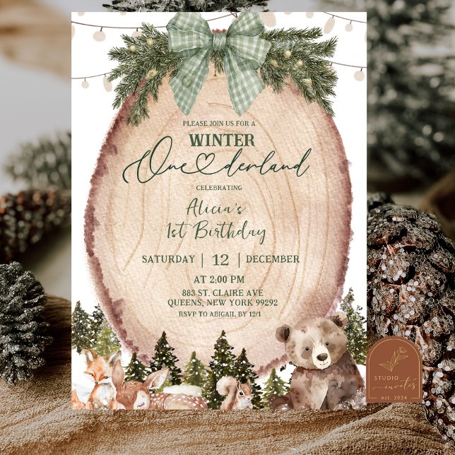 Green Coquette Rustic Winter Forest 1st Birthday Invitation (Creator Uploaded)