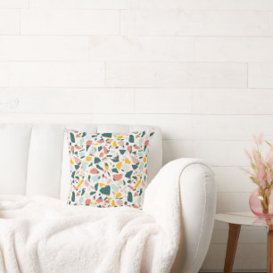 Green Coral Blush and Yellow Terrazzo Speckled Cushion
