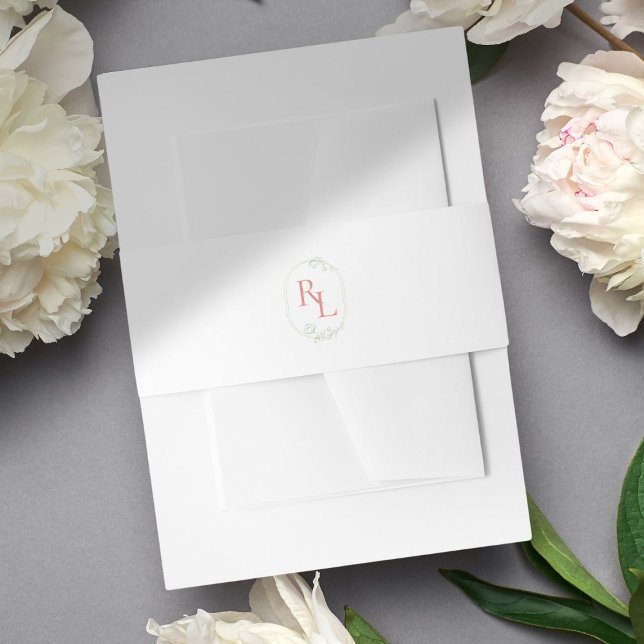 Green+Coral Pink Floral Initials Wedding Envelope Invitation Belly Band (Creator Uploaded)