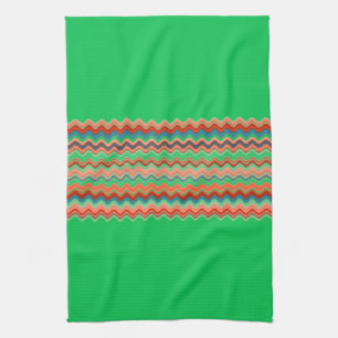 GREEN Coral Salmon Orange Turquoise Zigzag Pattern Tea Towel