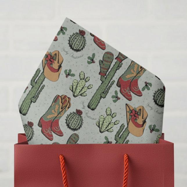Green Country Cowboy Howdy Christmas Tissue Paper (Elegant Ivory Howdy Christmas Western Cowboy Ivory Tissue Paper. Cute Cowgirl Boots & Cactus Pattern)