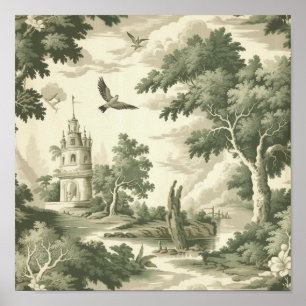 Green Countryside Hot Air Balloon Toile (2) Poster