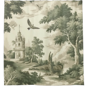 Green Countryside Hot Air Balloon Toile (2) Shower Curtain