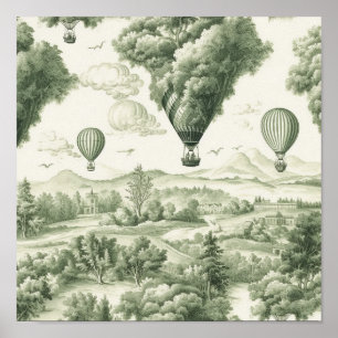 Green Countryside Hot Air Balloon Toile (3) Poster