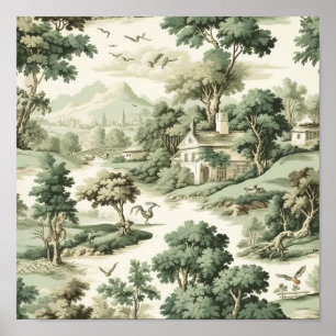 Green Countryside Hot Air Balloon Toile (8) Poster