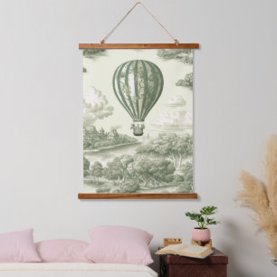 Green Countryside Hot Air Balloon Toile Hanging Tapestry