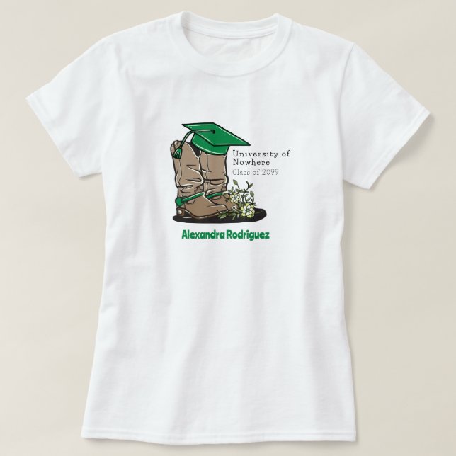 Green Cowboy Boot Graduation Cap & Flowers T-Shirt (Design Front)