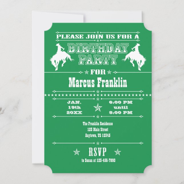 Green Cowboy Rodeo Birthday Party Invitation (Front)