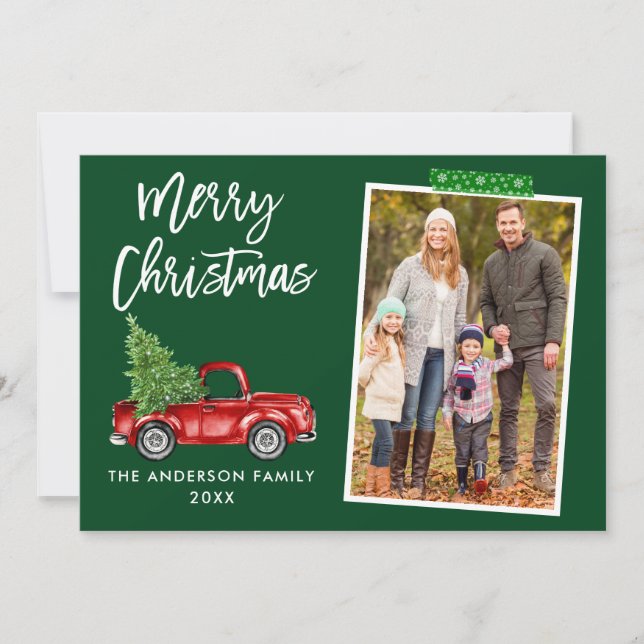 Green Craft Tape Brush Script Truck Christmas Holiday Card (Front)