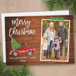 Green Craft Tape Brush Script Truck Wood Christmas Holiday Card<br><div class="desc">Modern Brush Script Watercolor Vintage Red Truck with Christmas Tree Merry Christmas Family Photo Holiday Card - Rustic Country Wood,  Green Snowflake Craft Tape</div>