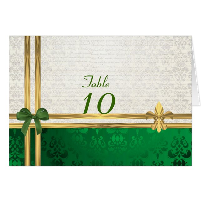 Green & cream damask table number (Front Horizontal)