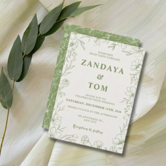 Green & Cream Floral Bordered Wedding Invitation
