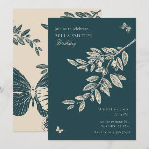 Green Cream Floral Butterfly Art  Invitation