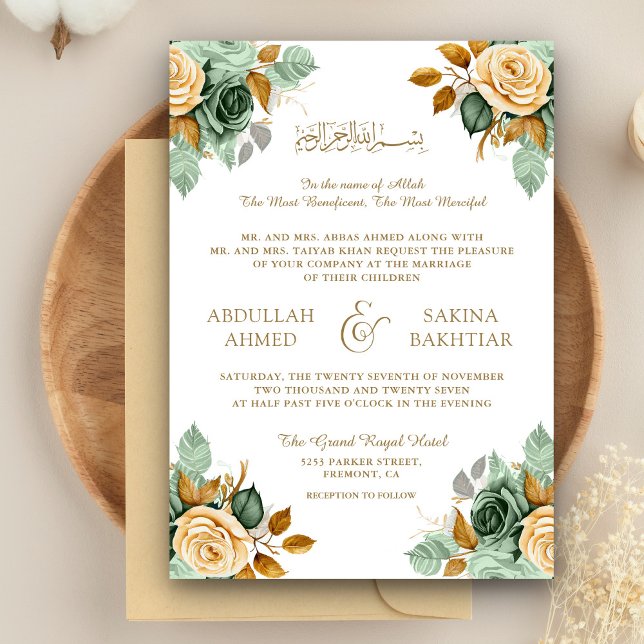 Green Cream Floral Gold QR Code Muslim Wedding Invitation (Creator Uploaded)