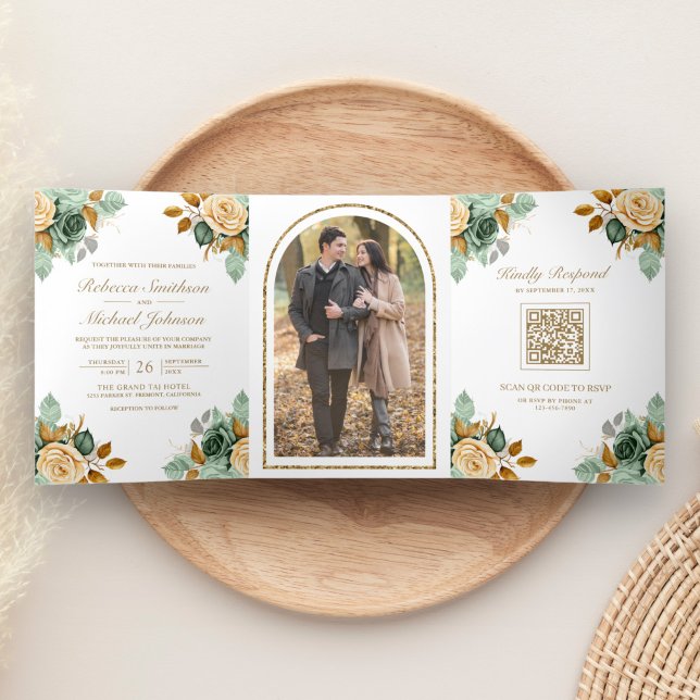 Green Cream Floral Gold QR Code Photo Wedding Tri-Fold Invitation (Creator Uploaded)