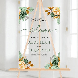 Green Cream Floral Muslim Wedding Welcome Acrylic Sign