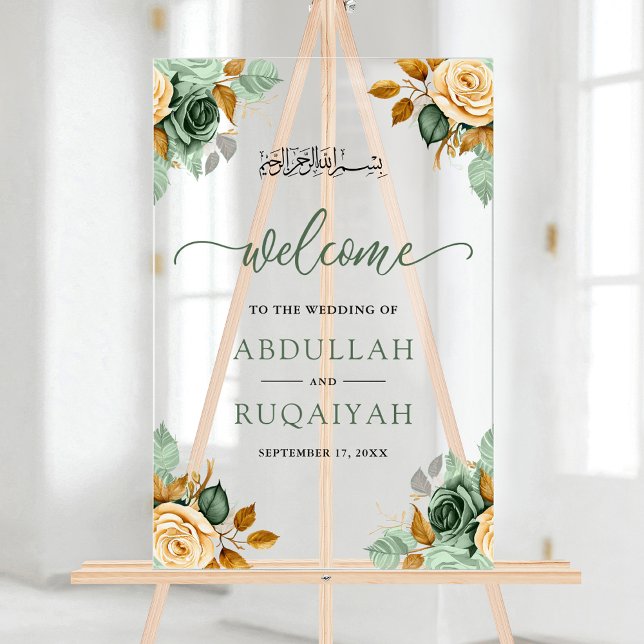 Green Cream Floral Muslim Wedding Welcome Acrylic Sign (Creator Uploaded)