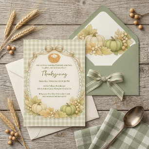 Green & Cream Gingham Thanksgiving Invitation