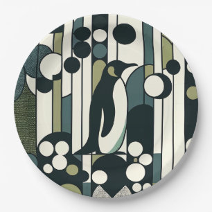 Green Cream Penguin Lost In the Geometry Paper Plate