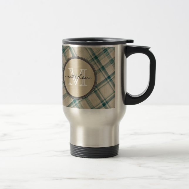 Green Cream Plaid background Monogram Travel Mug (Right)