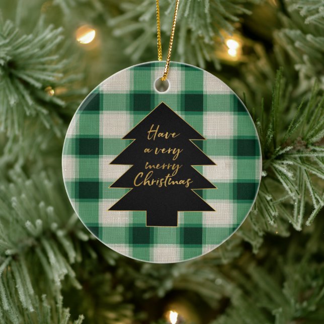 Green Cream Plaid Christmas Tree Ceramic Tree Decoration (Tree)