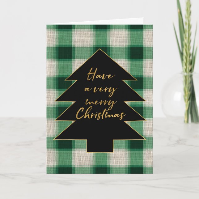 Green Cream Plaid Christmas Tree Holiday Card (Front)