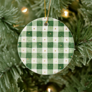 Green Cream Plaid Gold Stars Christmas Ceramic Tree Decoration