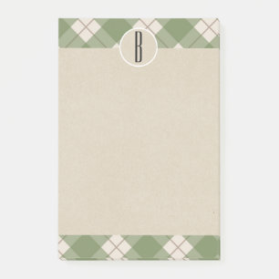 Green Cream Plaid Kraft Rustic Monogram Initial Post-it Notes