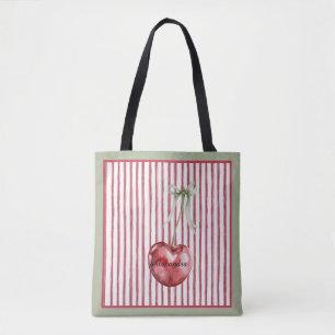 Green Cream Red Stripes Cherry Tote Bag